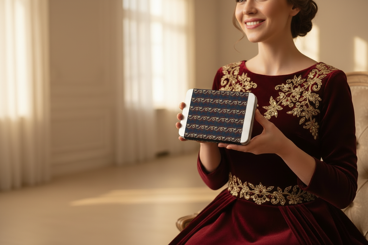 A womand holding the Tidal Noel, nautical-inspired holiday tinned gift box with christms socks