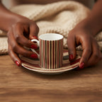 Autumn Harvest  Espresso Ceramic cup and saucer with striped design elegant female hands holding the cup