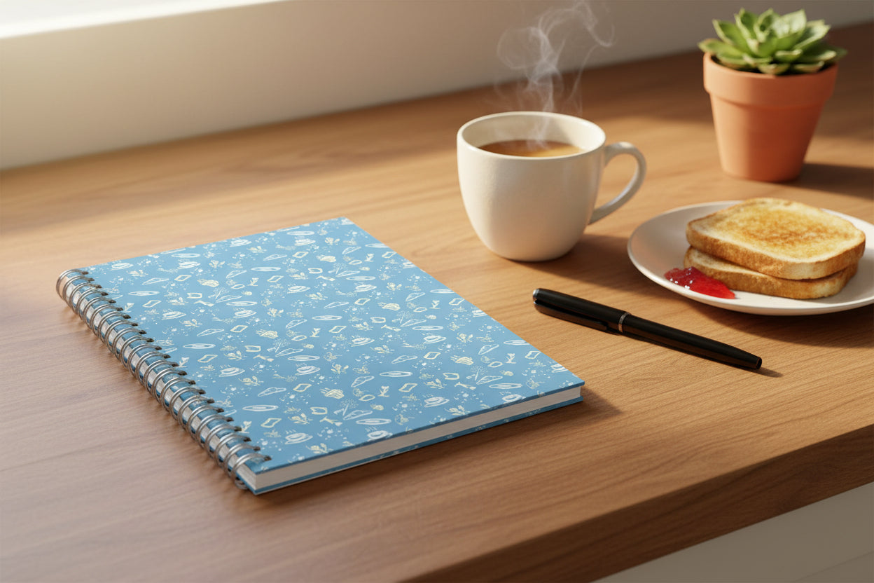 Notebook with a blue cover featuring white illustrations on a white background