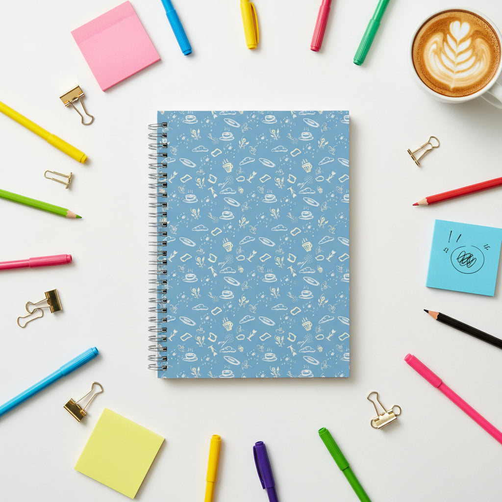 Notebook with a blue cover featuring white illustrations on a white background