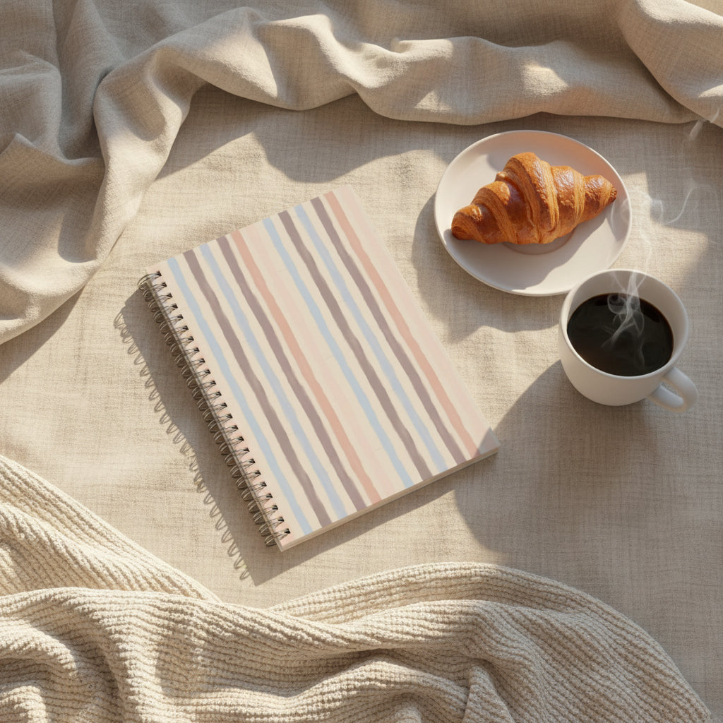 Notebook with striped cover on a white background