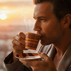 Man drinking from a striped coffee cup with a sunset in the background