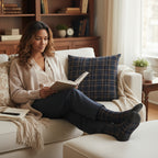 Woman wearing a Pair of black and blue plaid socks with matching cusion next to her