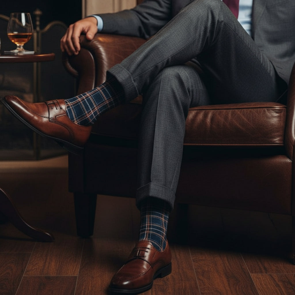 man wearing a Pair of plaid patterned socks 