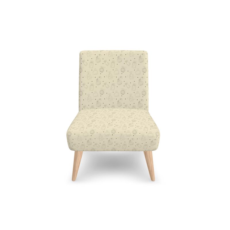 Vintage Elegance Perfume Bottles Dressing chair Beige armchair with wooden legs on a white background
