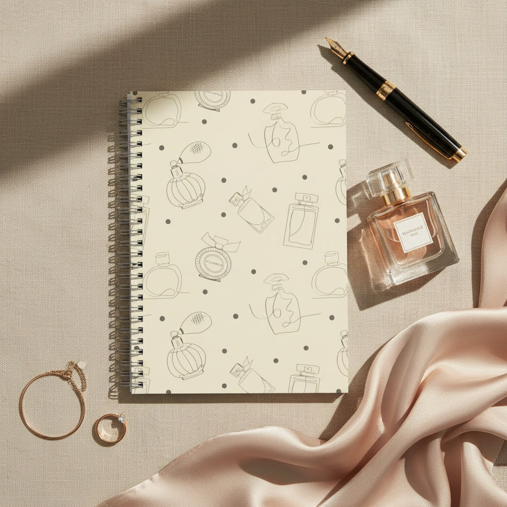 Notebook with perfume bottle pattern on beige cover