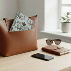 Notebook with decorative cover featuring floral and horsebit pattern on a white background