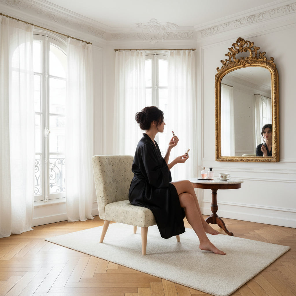 Vintage perfume bottles occasional chair with a woman in black silk robe sitting on it