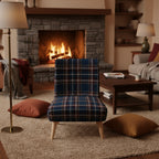 Winter Plaid Occasional Chair in warm cosy living room with a fire place