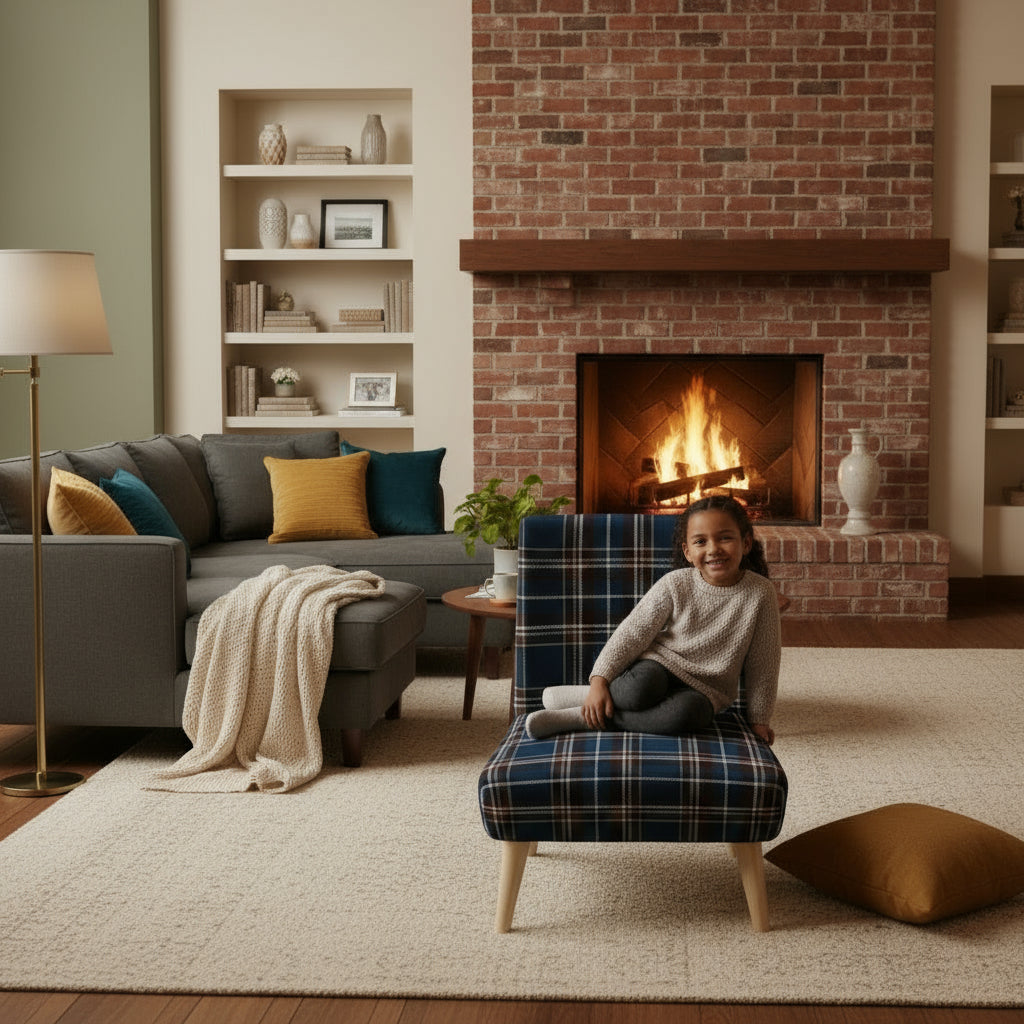 Plaid chair  from designbylola.com in a cozy living room with a fireplace and a mixed race girl sitting on the chair
