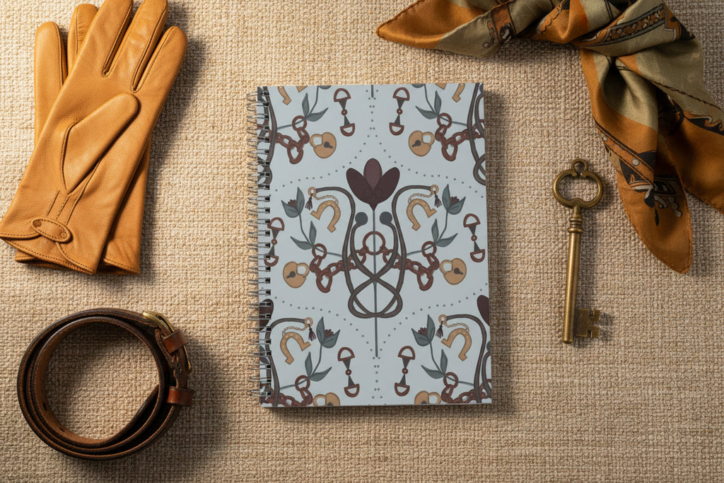 Notebook with decorative cover featuring floral and horsebit pattern on a white background