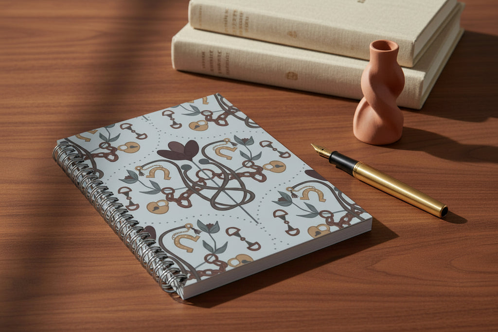 Notebook with decorative cover featuring floral and horsebit pattern on a white background