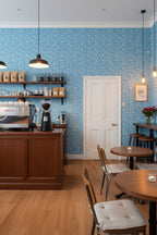 Artisanal coffee shop with cool blue wallpaper