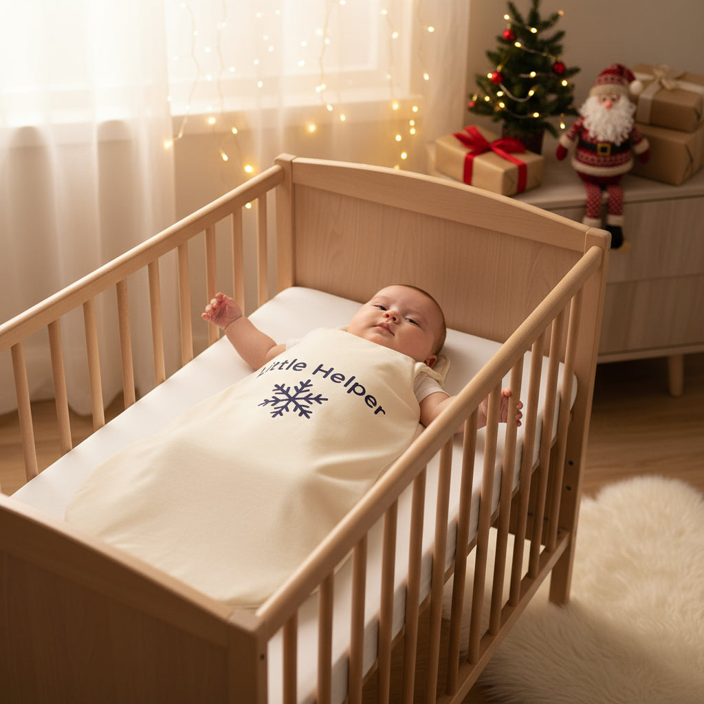 Baby in a cot wearing llttle helper christmas baby sleeping bag