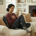 Woman sitting on a couch wearing christmas pyjamas in a cozy living room with a fireplace.