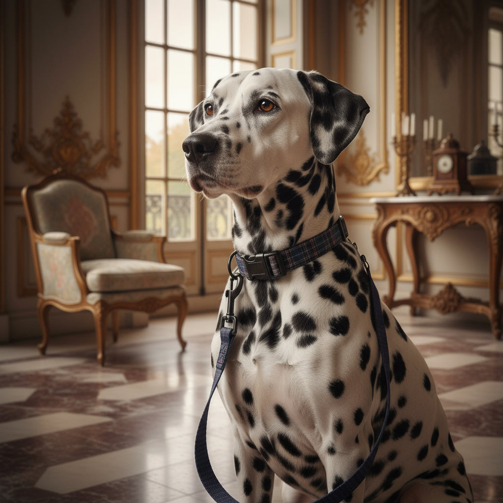 Dalmation dog wearing winter plaid collar and leash Product mockup