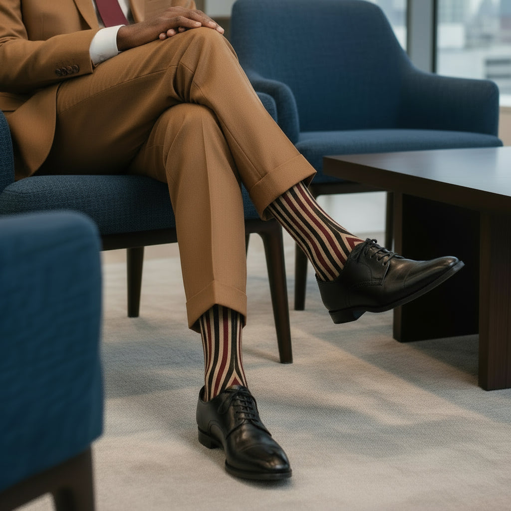 Person wearing a brown suit with striped socks sitting in an office setting.