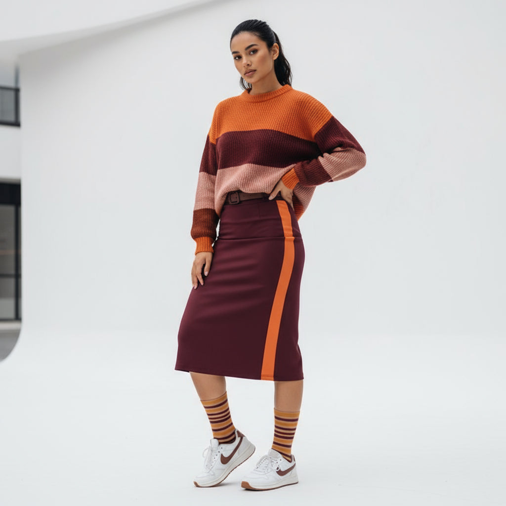 woman wearing Autumn Horizon Stripes socks